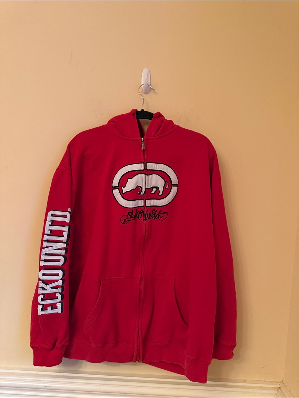 Vintage Ecko Unltd Red Zip-Up Hoodie Rhino Logo Y2K Streetwear Size XXL